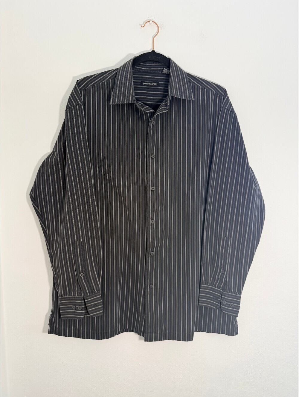 Pierre Cardin Men's Black Gray Striped Button Front Dress Shirt Size L